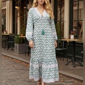 NWT Sunny Spirit Turquoise Purple Diamond Floral Long Sleeve Maxi Dress Medium